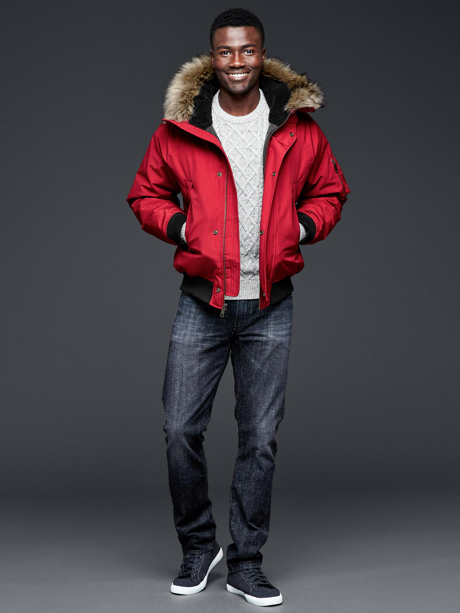 Red bomber jacket with fur hood online