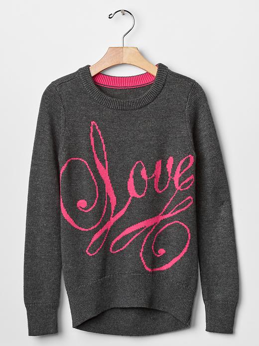 1 of 8 showing, with the color heather grey of product Intarsia love script sweater