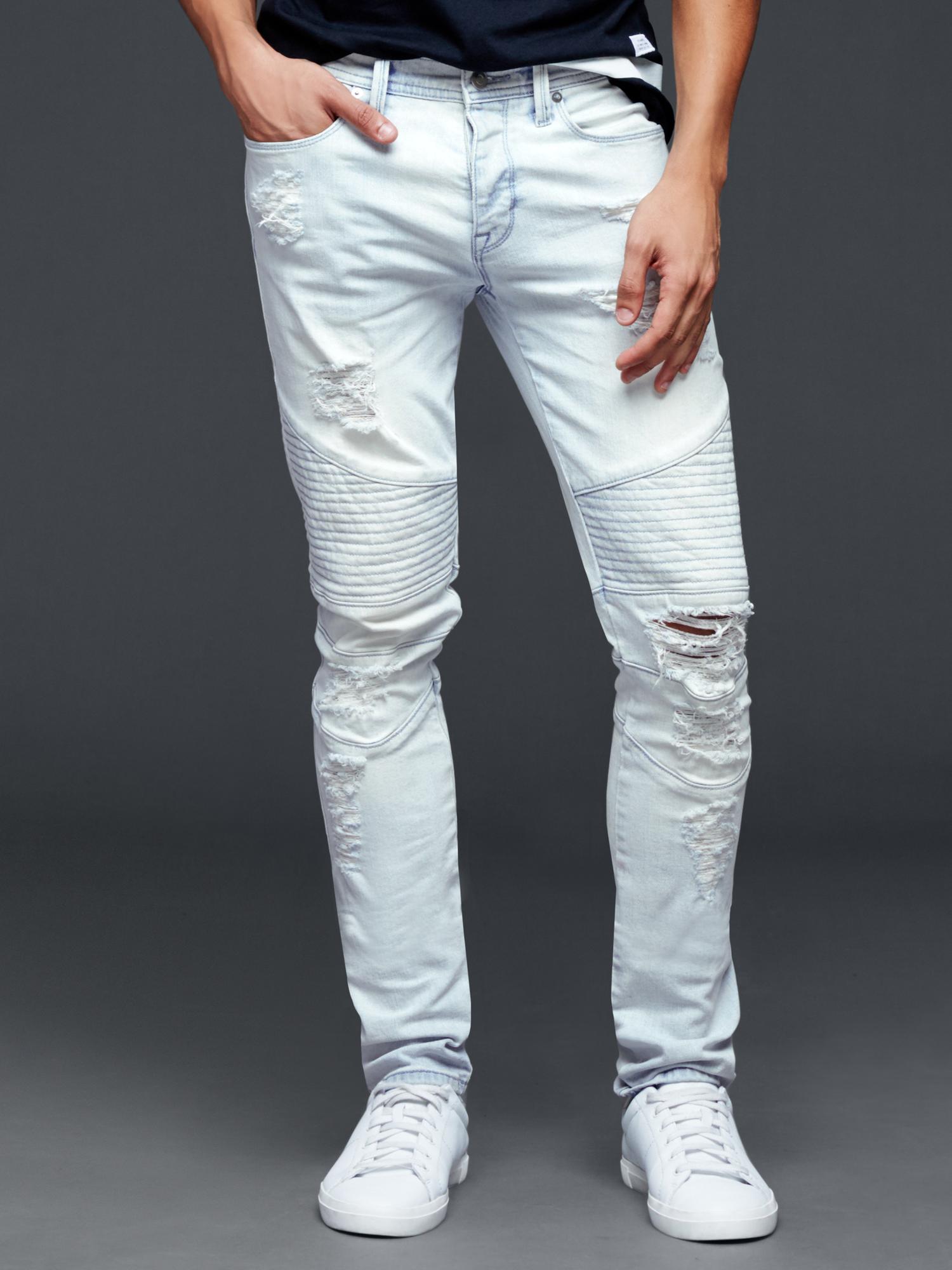 Gap + GQ STAMPD bleached blue distressed moto denim | Gap