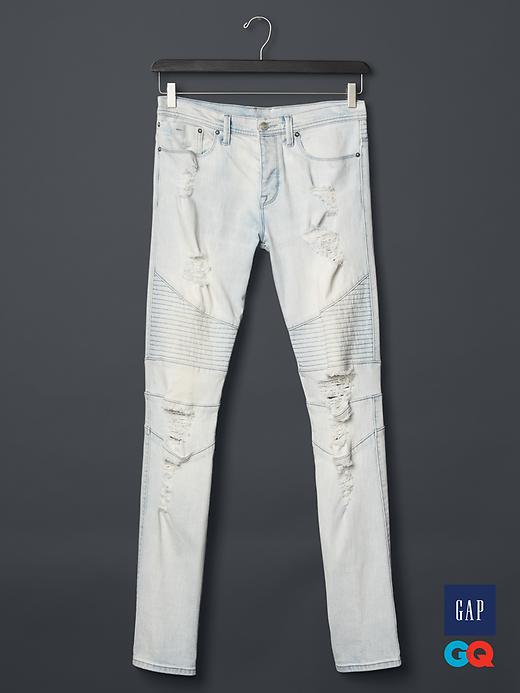 Gap + GQ STAMPD bleached blue distressed moto denim | Gap
