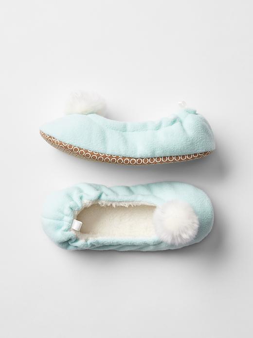 View large product image 1 of 1. Fuzzy pom-pom slippers
