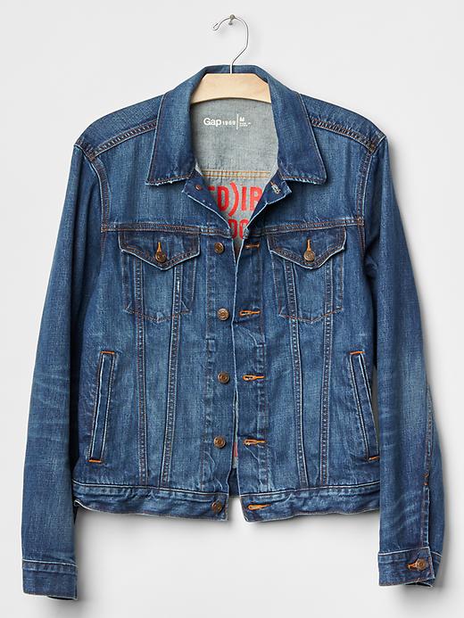 1 of 8 showing, with the color chambray blue of product Gap x (RED)™ light denim jacket