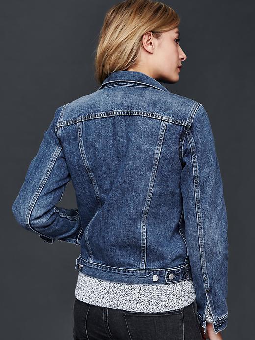 2 of 8 showing, with the color chambray blue of product Gap x (Red)™ denim jacket