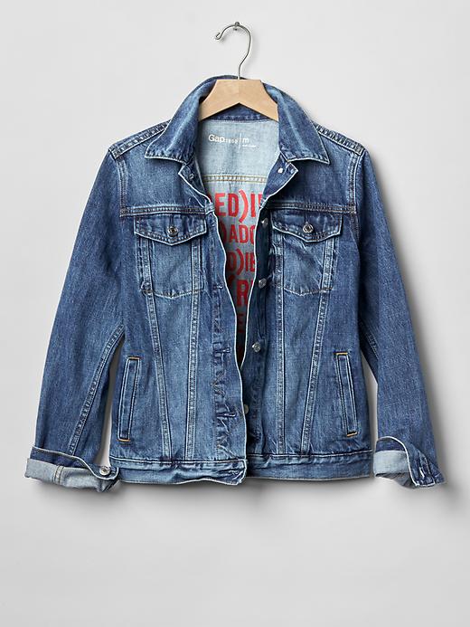 1 of 8 showing, with the color chambray blue of product Gap x (Red)™ denim jacket