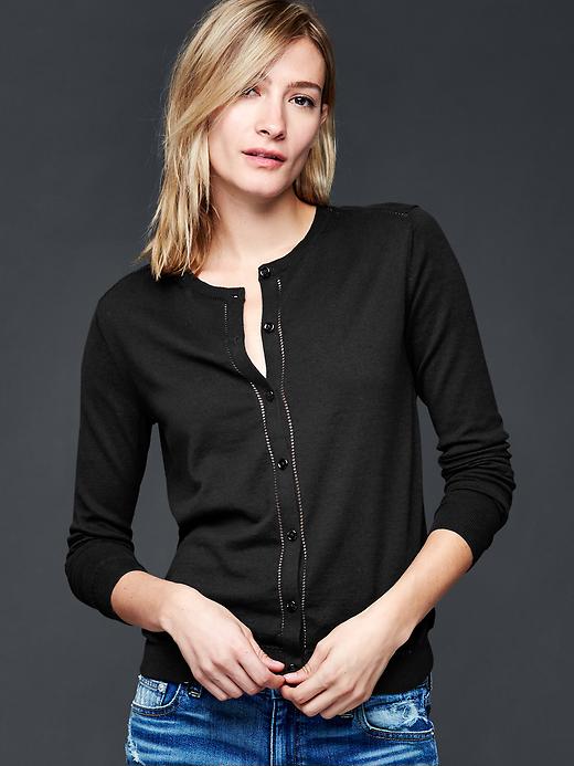 1 of 8 showing, with the color true black knit of product Cotton pointelle-trim cardigan