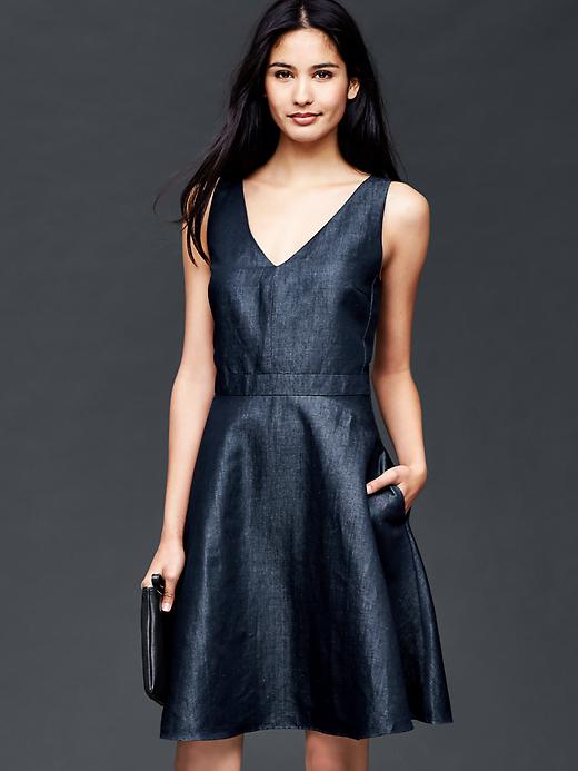 Double V neck fit flare chambray dress Gap