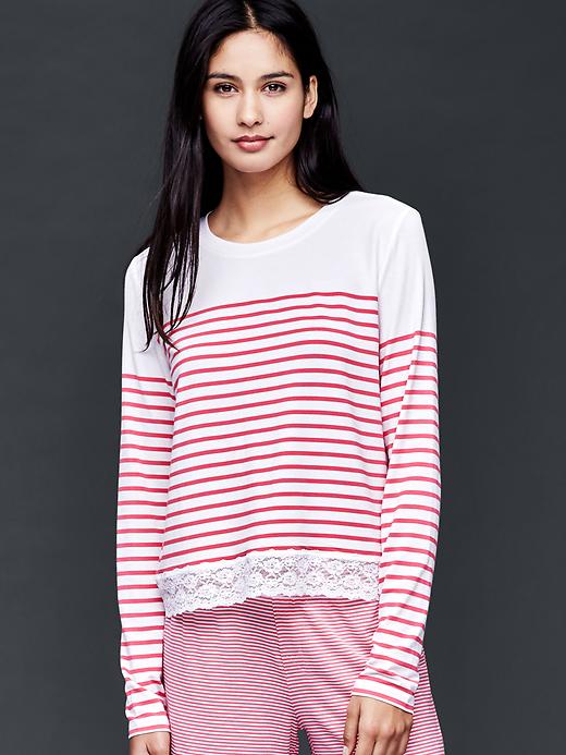 1 of 8 showing, with the color pink stripe of product Modal mix and match lace-trim long sleeve tee