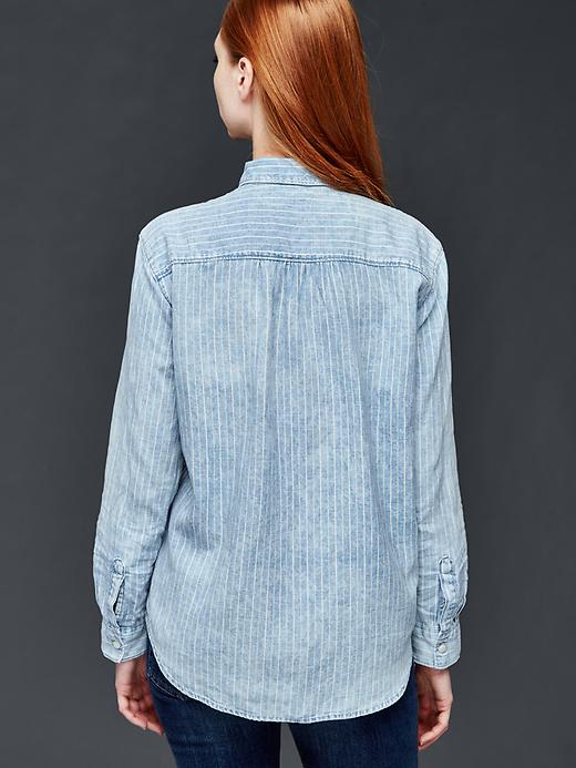 2 of 8 showing, with the color cloudy bleach of product Railroad stripe chambray boyfriend shirt