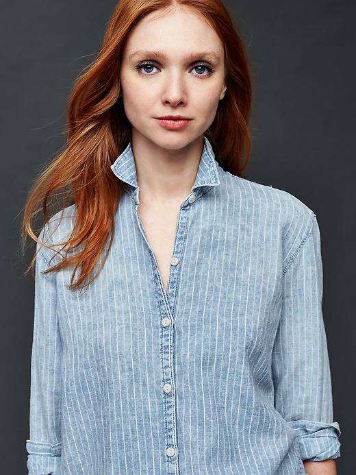 1 of 8 showing, with the color cloudy bleach of product Railroad stripe chambray boyfriend shirt