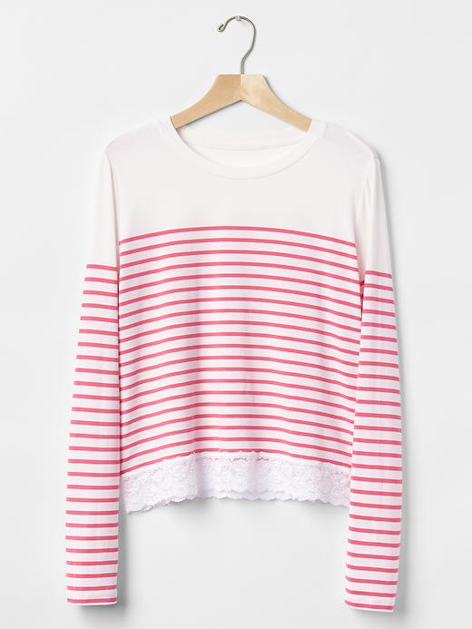 2 of 8 showing, with the color pink stripe of product Modal mix and match lace-trim long sleeve tee