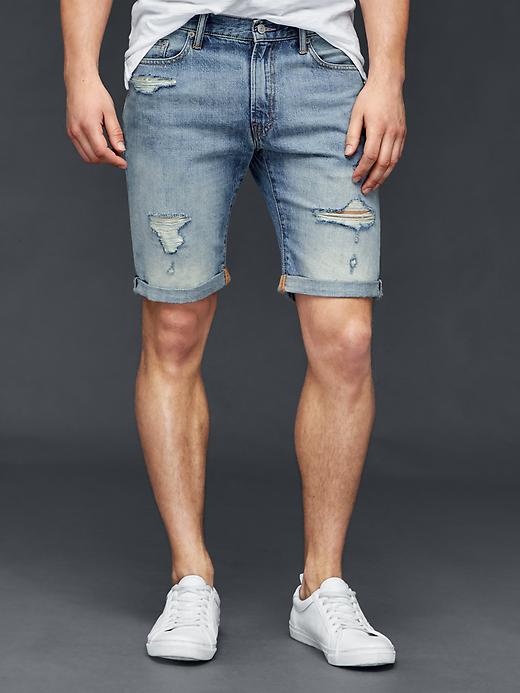 1 of 8 showing, with the color authentic light destroy of product ORIGINAL 1969 destructed slim fit denim shorts (10")