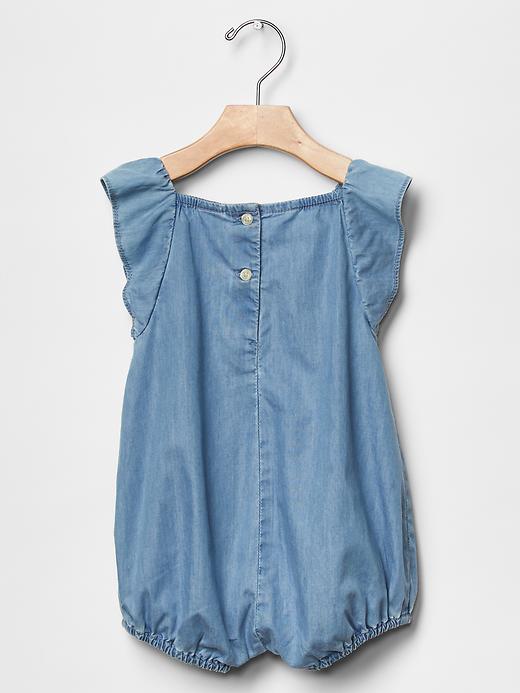 View large product image 2 of 3. 1969 chambray ruffle one-piece