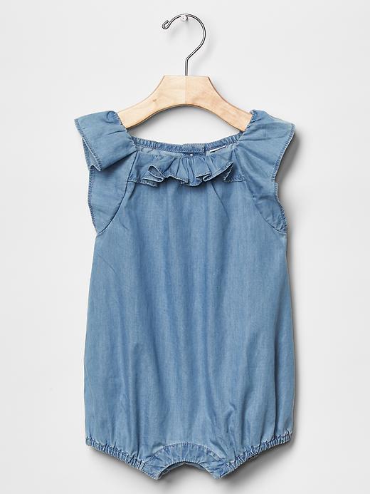 View large product image 1 of 3. 1969 chambray ruffle one-piece
