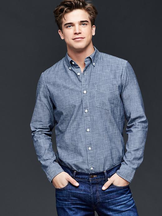 1 of 8 showing, with the color dark chambray of product Clean chambray standard fit shirt