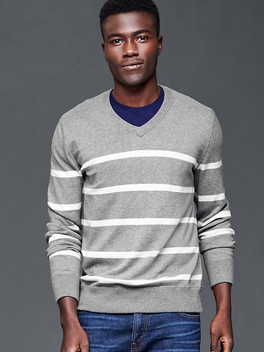 1 of 8 showing, with the color gray stripe of product Cotton stripe V-neck sweater