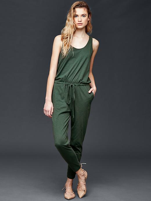 1 of 8 showing, with the color dark olive of product Sleeveless tie jumpsuit