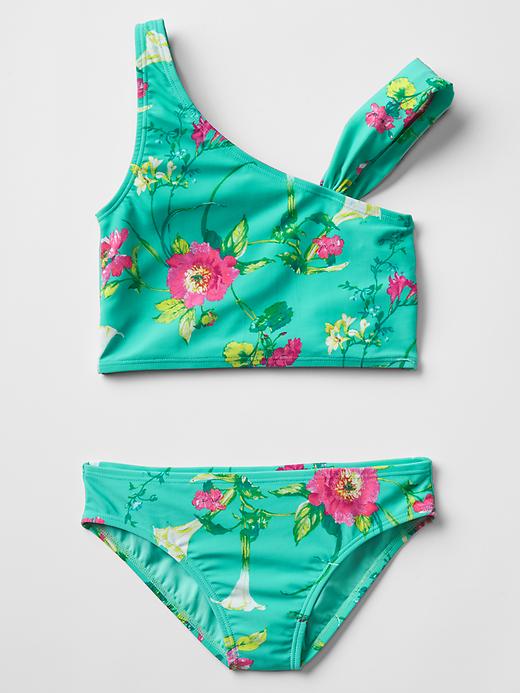 1 of 8 showing, with the color bright lake of product Floral asymmetrical swim two-piece