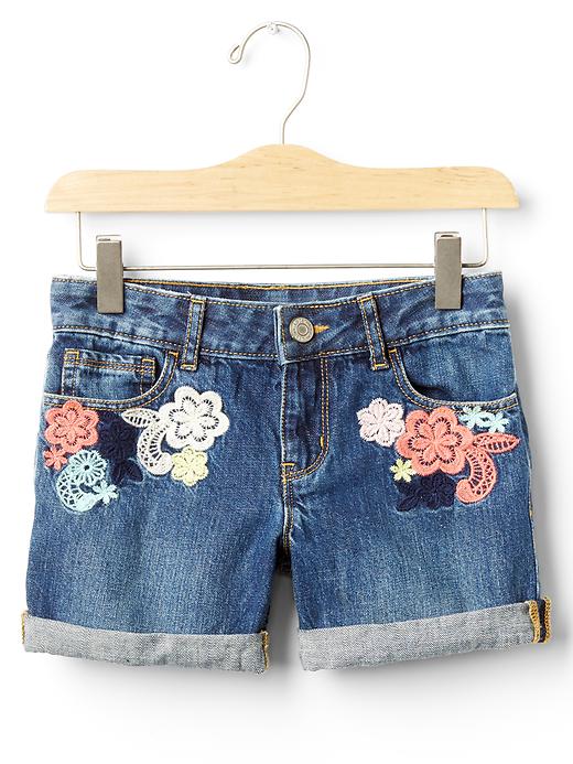 1 of 8 showing, with the color medium wash of product 1969 floral patch denim midi shorts