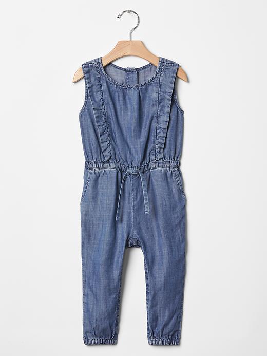 View large product image 1 of 3. 1969 chambray ruffle romper