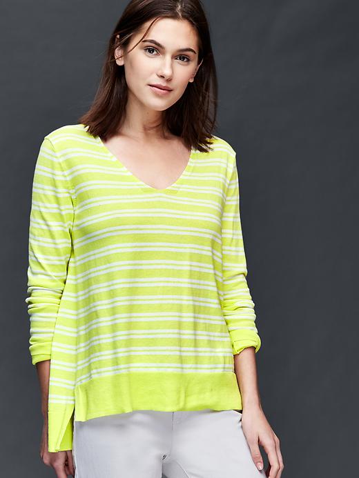 1 of 8 showing, with the color yellow stripe of product Cotton stripe essential V-neck sweater