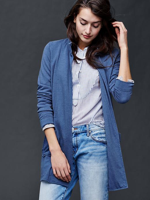 1 of 8 showing, with the color true indigo of product French terry open front jacket