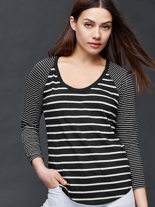1 of 8 showing, with the color grey of product Vintage wash three-quarter sleeve stripe tee