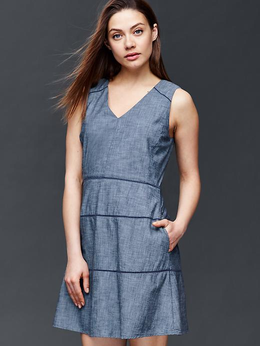 Chambray V neck fit flare dress