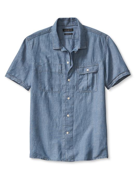 Camden-Fit Indigo Short-Sleeve Shirt | Casual shirts, Mens tops, Short ...