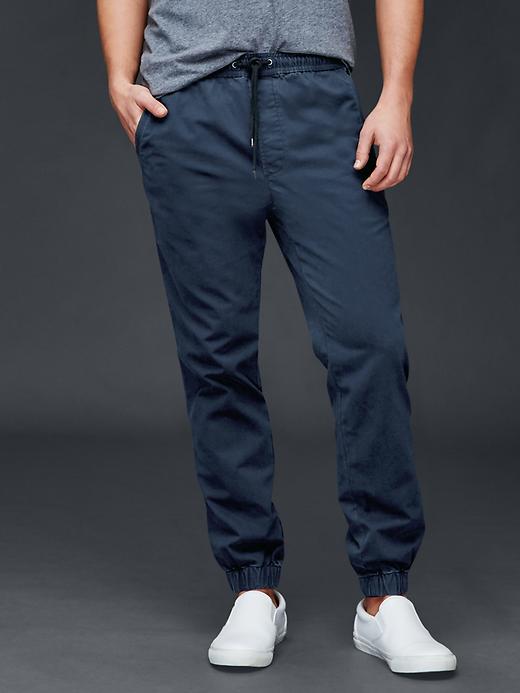 1 of 8 showing, with the color navy of product Lived-in twill joggers