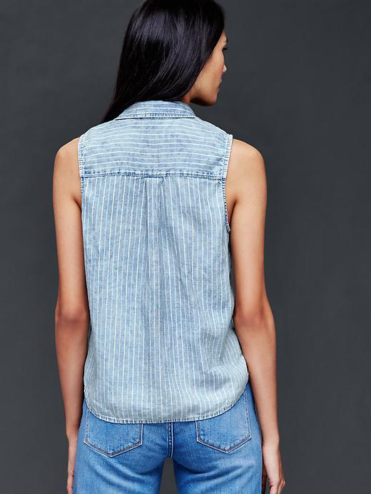 2 of 8 showing, with the color light indigo of product 1969 linen-cotton denim stripe button top
