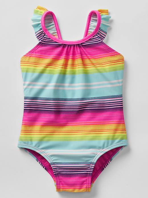 1 of 8 showing, with the color multi stripe of product Print flutter swim one-piece
