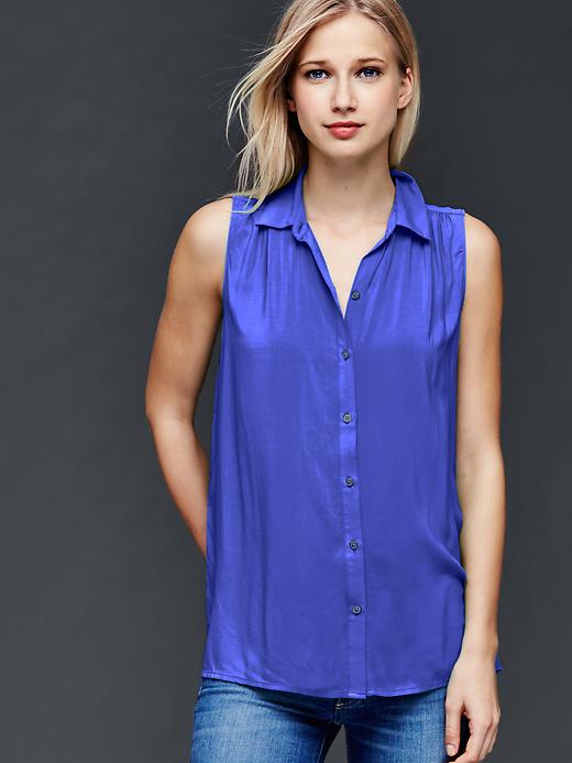 1 of 8 showing, with the color mosaic blue of product Sleeveless shirred shirt