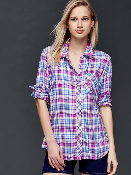 1 of 8 showing, with the color purple plaid of product Soft plaid boyfriend shirt