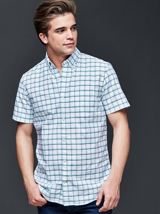 1 of 8 showing, with the color seaport turquoise of product Oxford windowpane short sleeve standard fit shirt