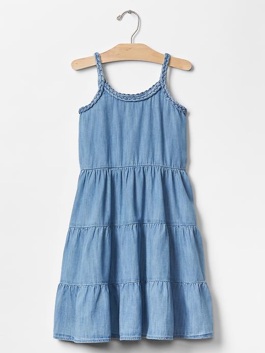 View large product image 1 of 4. 1969 braided denim tier dress