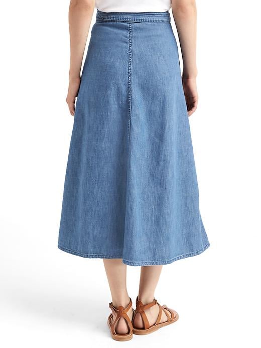 2 of 8 showing, with the color medium indigo of product 1969 denim wrap skirt