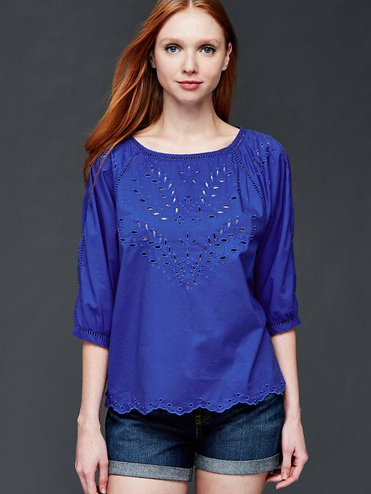 1 of 8 showing, with the color mosaic blue of product Three-quarter sleeve eyelet top