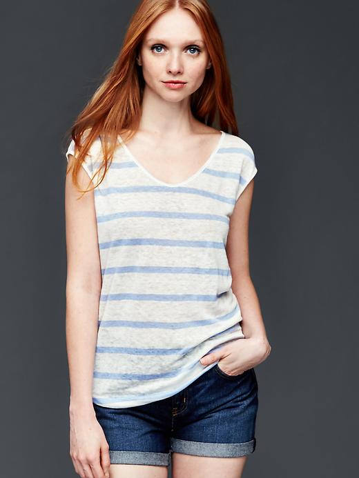 1 of 8 showing, with the color simply blue of product Linen cap sleeve stripe tee