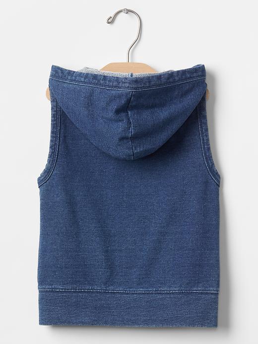 2 of 8 showing, with the color medium indigo of product Sleeveless indigo zip hoodie