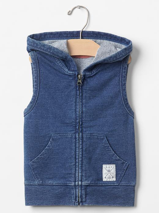 1 of 8 showing, with the color medium indigo of product Sleeveless indigo zip hoodie