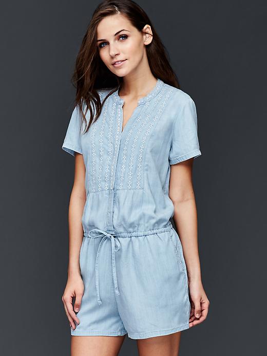 1 of 8 showing, with the color light indigo of product TENCEL™ embroidered romper