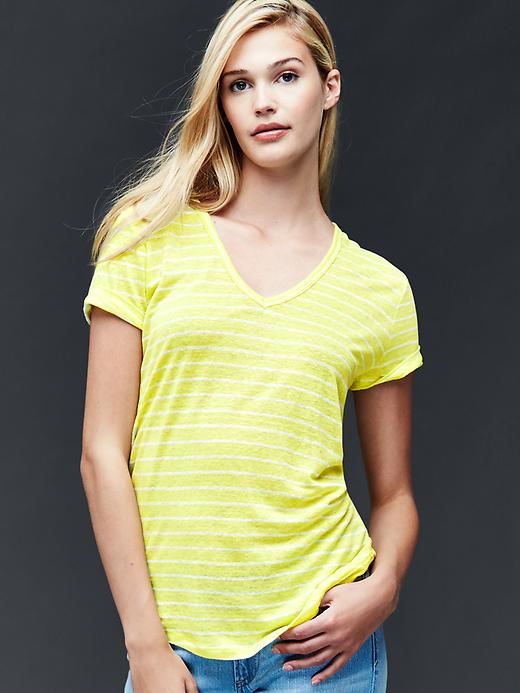1 of 8 showing, with the color fresh yellow of product Linen V-neck stripe tee
