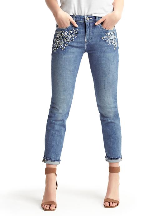 1 of 8 showing, with the color medium indigo of product AUTHENTIC 1969 embroidered daisy best girlfriend jeans