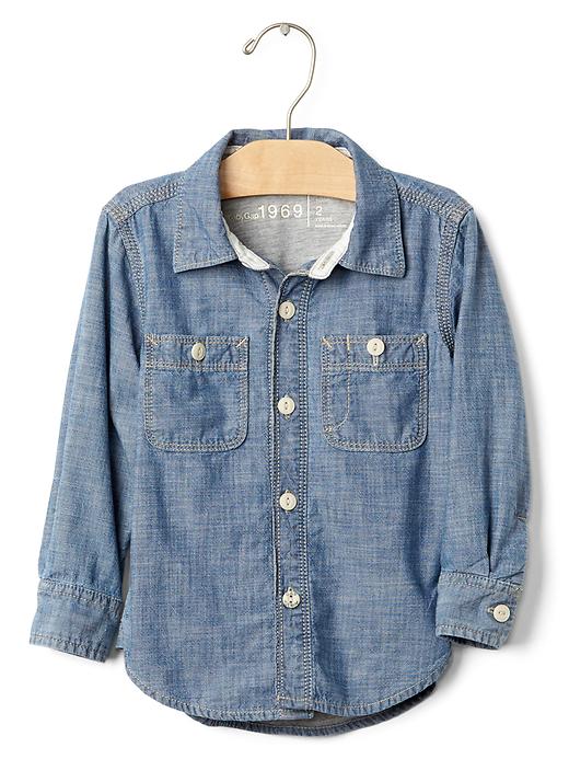 1 of 8 showing, with the color medium wash of product 1969 jersey-lined chambray shirt