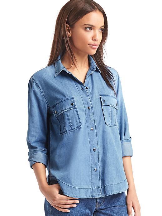 1 of 8 showing, with the color medium indigo of product 1969 denim utility shirt