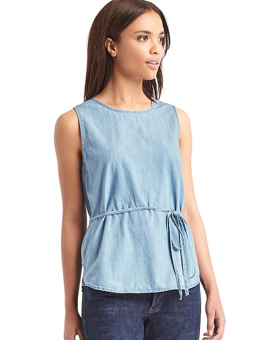 1 of 8 showing, with the color light indigo of product 1969 denim open-back wrap tank