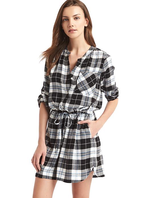 1 of 8 showing, with the color white plaid of product Plaid cinch waist shirtdress