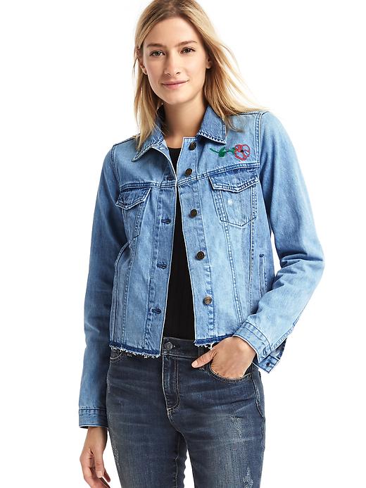 1 of 8 showing, with the color denim of product 1969 icon raw hem embroidered denim jacket