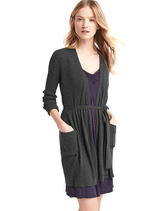 1 of 8 showing, with the color charcoal heather of product Pure Body ribbed wrap sweater