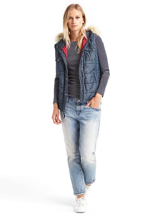 ジャケット・アウター gap y2k fur down vest Y2K Gap Women's Down Puffer Faux Fur Hood Full Zip Brown